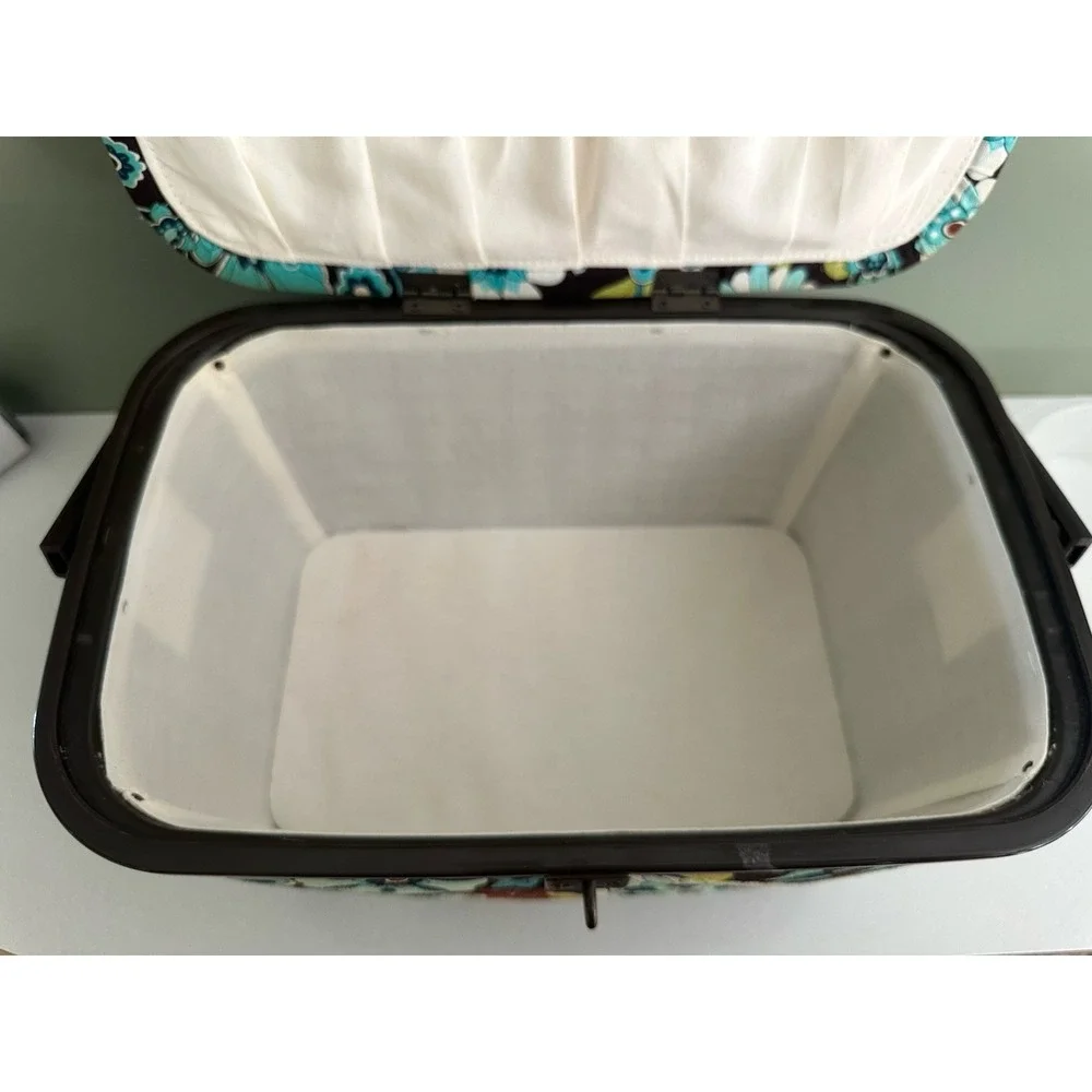 Vintage Dritz Sewing Box Basket Blue & Brown Floral Fabric With Tray Latch Retro
